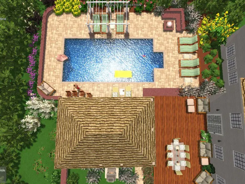 A bird 's eye view of an outdoor pool area.
