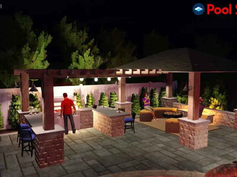 A rendering of an outdoor patio area at night.