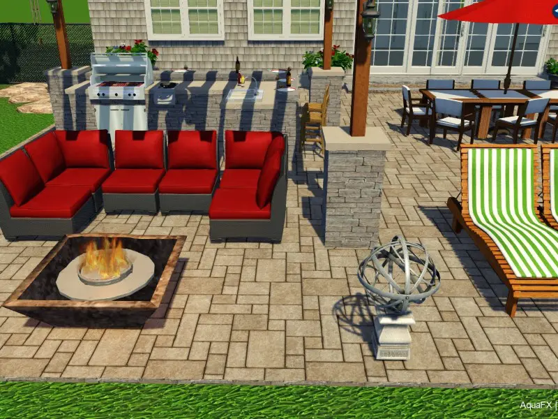 A patio with fire pit and outdoor furniture.