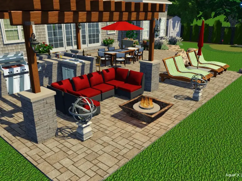 A patio with furniture and fire pit in the middle of it.