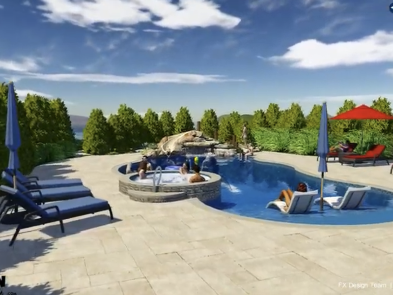 A pool with an outdoor lounge chair and umbrella.
