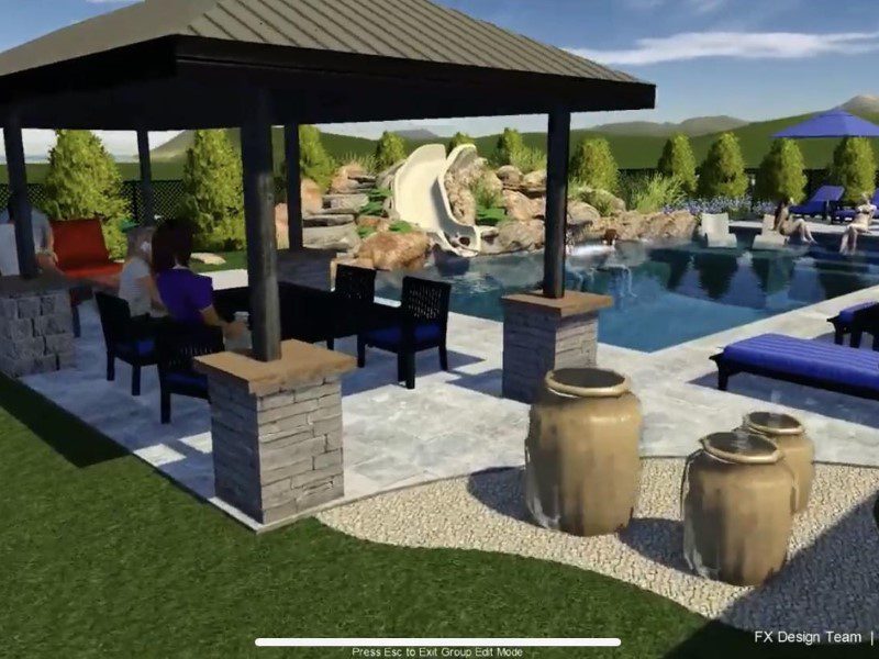 A rendering of an outdoor living area with a gazebo and pool.