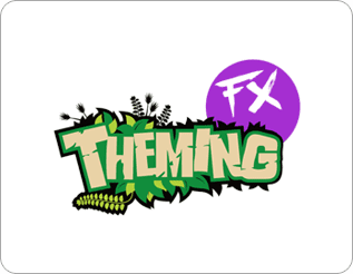 A purple and green logo with the word theming underneath.