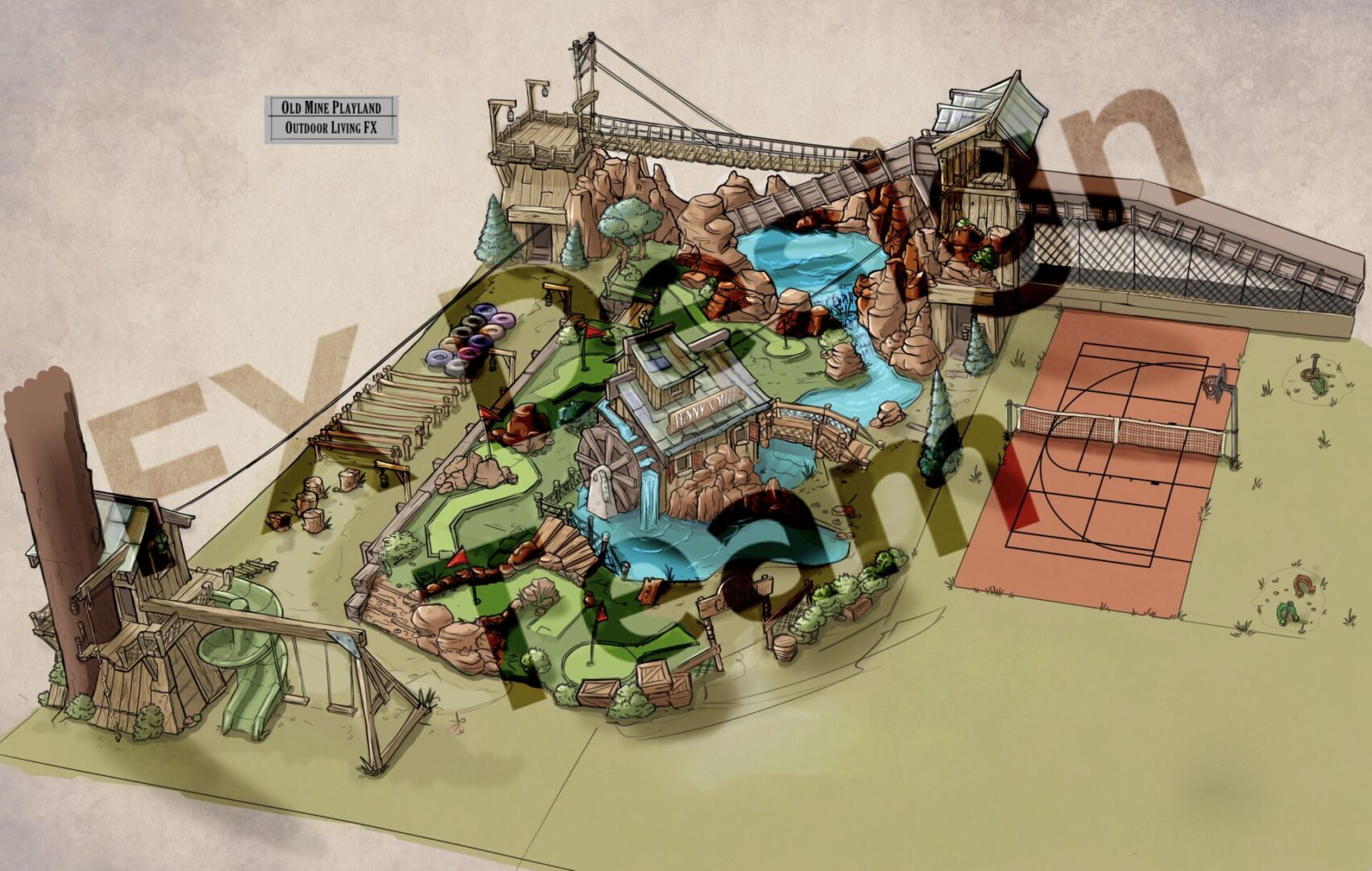 A drawing of a park with a slide and water slides.